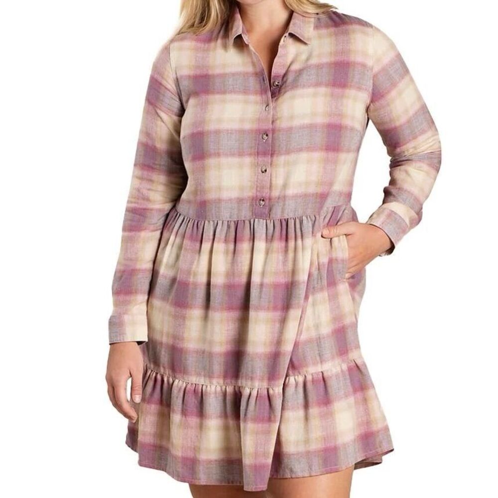 Toad&Co Re-Formed Tiered Dress XL Plaid Button Front Long Sleeve Ruffled Hem